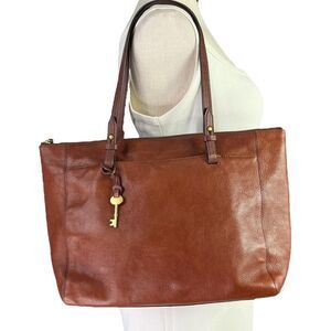Fossil Tote Bag X Large Brown Rachel Pebbled Leather Double Straps Zip Top